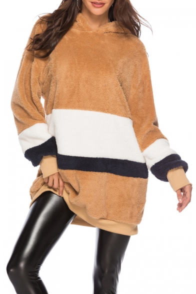 New Trendy Colorblock Patchwork Long Sleeve Warm Fleece Khaki Tunic Boxy Hoodie