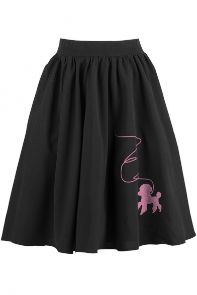 New Trendy Elastic High-Rise Fashion Cartoon Dog Embroidered Black Midi A-Line Pleated Skirt
