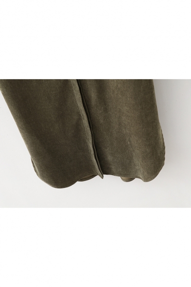 New Trendy Long Sleeve Lapel Collar Plain Green Shift Midi Corduroy Dress