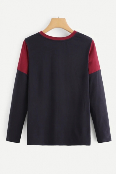 New Trendy Striped Colorblock Single Pocket Chest Round Neck Long Sleeve Loose T-Shirt