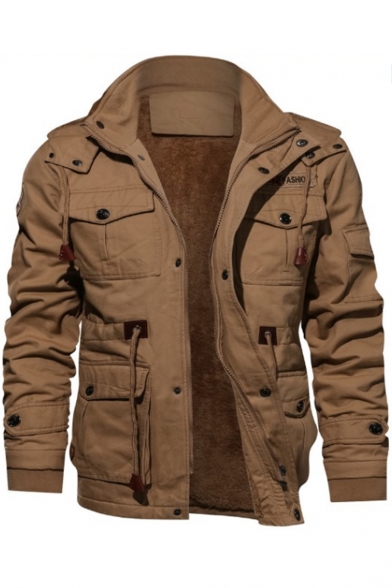 Popular Brown Zip Closure Plain Two-Way Collar Multiple Pockets Men's Military Jacket