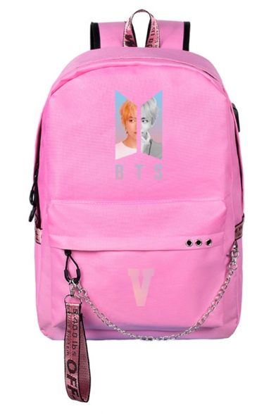 Retro Pink Graphic Print Chain Zippered Backpack Bag for Students