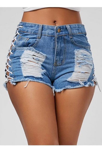 Sexy Cutout Lace-Up Side Ripped Detail Frayed Hem Hot Denim Shorts