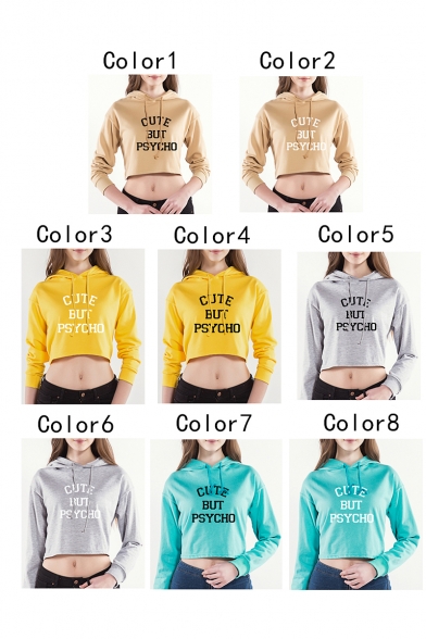 Sexy Long Sleeve Letter CUTE BUT PSYCHO Printed Drawstring Cropped Hoodie