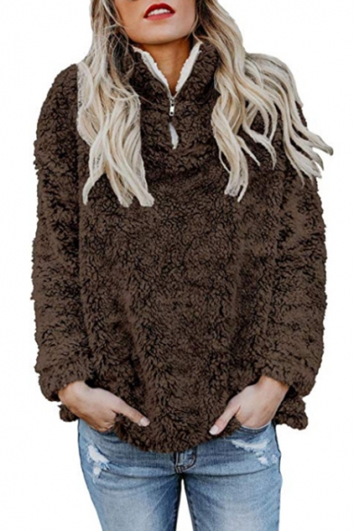 Street Style Half Zip Front Long Sleeve Plain Faux Fur Warm Sweatshirt