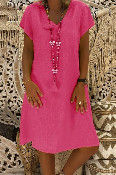Summer's New Trendy Short Sleeve V Neck Plain Casual Midi Dress -  Beautifulhalo.com