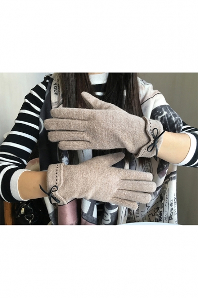 Sweet Cute Bow Embellished Plain Warm Fleece Touch Screen Outdoor Gloves