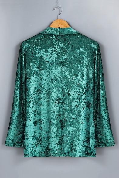 Trendy Lapel V-Neck Long Sleeve Green Velvet Casual Solid Coat for Women