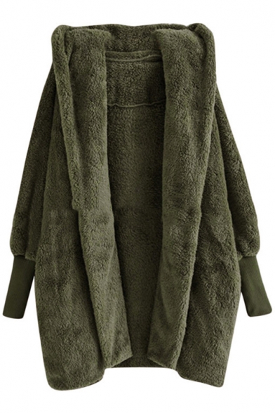 Winter's New Arrival Long Sleeve Hooded Opeb Front Ribbed Cuff Fleece Tunics Coat