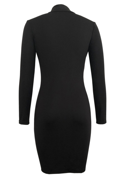 Women's Fashion Black Half-Zip Placket Slim Fit High Neck Long Sleeve Bodycon Dress