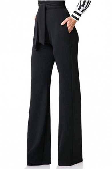 Women's New Arrival High-Rise Tied Waist Basic Solid Wide Legs Pants
