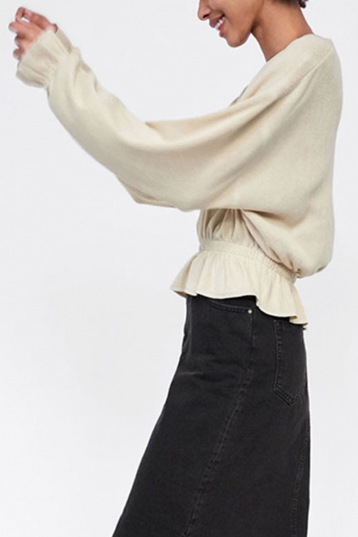 Women's Style Beige Round Neck Long Sleeve Ruffle Gathered Hem Knitwear