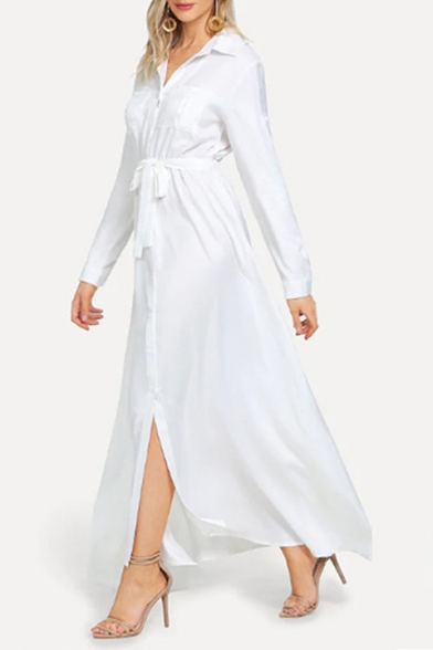 Boho Style Long Sleeve Lapel Collar Plain Split Front Tie Waist Cotton White Maxi Dress