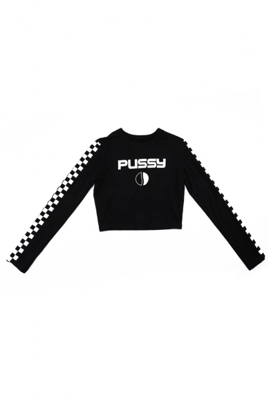 Chic Letter PUSSY Printed Checkerboard Long Sleeve Crewneck Black Cotton Slim Cropped T-Shirt