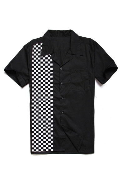 Classic Black and White Plaid Printed Short Sleeve Lapel Collar Button Down Shirt for Men