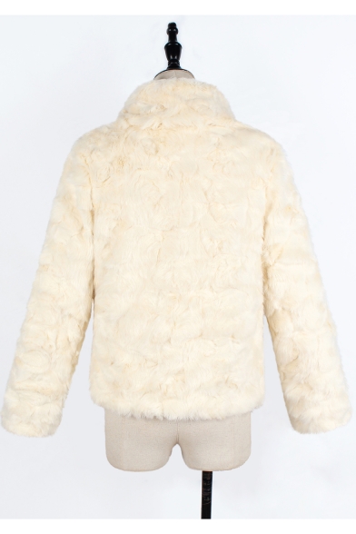 Cool Warm Plush Long Sleeve Lapel Collar Zip Closure Faux Fur Beige Coat