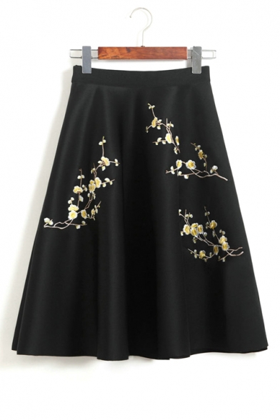 Elegant Elastic Waist Zip Side Floral Embroidered Midi A-Line Skirt
