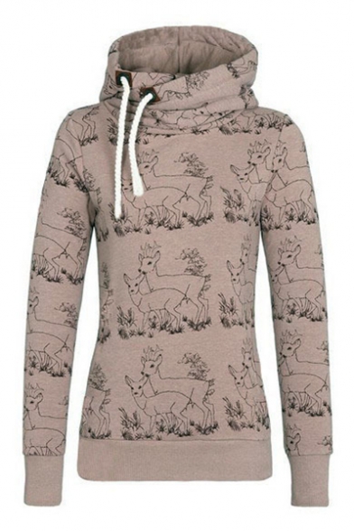 Fashion All Over Animal Pattern Long Sleeve Slim Fitted Drawstring Hoodie