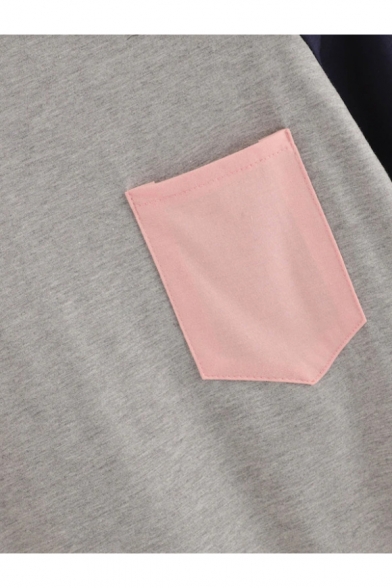 Fashion Colorblock Round Neck Long Sleeve Single Pocket Chest Gray T-Shirt