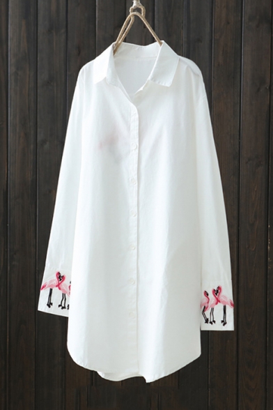Fashion Flamingo Printed Cuff Back Long Sleeve Lapel Collar White Button Down Tunic Shirt