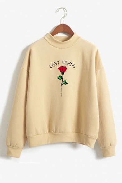 Fashion Letter BEST FRIEND Floral Pattern Crewneck Long Sleeve Relaxed Sweatshirt