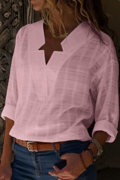 Fashion V Neck Long Sleeve Plain Loose Blouse Shirt