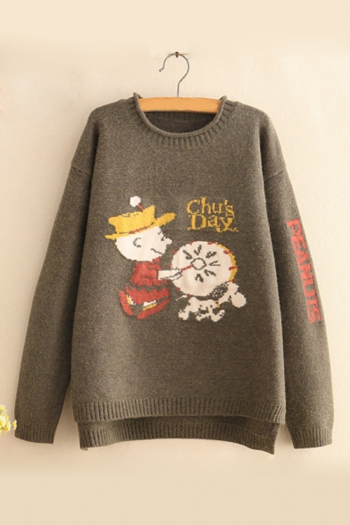 Funny Cartoon Character Letter Printed Long Sleeve Round Neck Knit Sweater