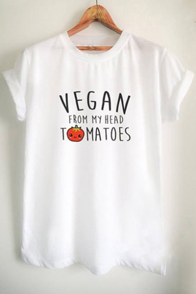 Funny Letter VEGAN FROM MY HEAD TOMATOES Printed Round Neck Short Sleeve Cotton T-Shirt