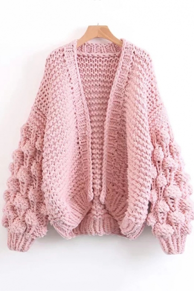 Girl's Fashion Pink Plain Double Knitted Open Front Blouson Sleeve Loose Cardigan