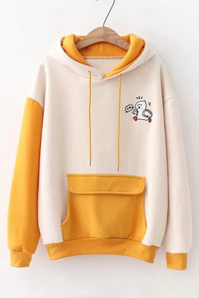 

Lovely Cartoon Duck Pattern Beige and Yellow Colorblock Long Sleeve Big Pocket Front Hoodie