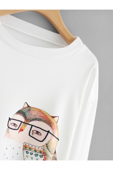 Lovely Cartoon Eyeglasses Bird Printed Round Neck Long Sleeve White Sweatshirt