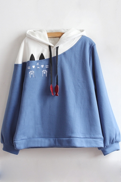 Lovely Colorblock Cute Cartoon Embroidered Long Sleeve Casual Hoodie