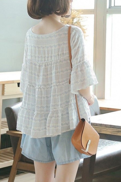 New Arrival Tied Round Neck Half-Sleeve Loose Fitted White Blouse