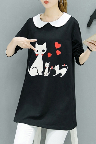 Peter-Pan Collar Long Sleeve Cartoon Cat Heart Printed Loose Fitted Tunic Black T-Shirt