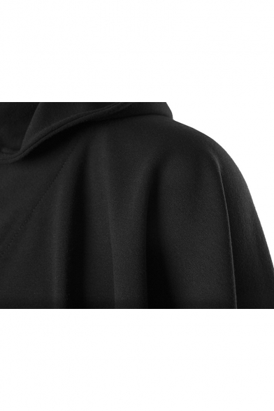 Punk Style Long Sleeve Plain Oversize Asymmetrical Hem Batwing Half Zip-Up Black Hoodie