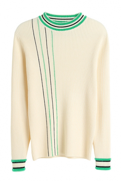 Retro Striped Pattern Crewneck Long Sleeve Slim Fit Women's Pullover Sweater