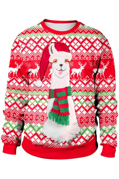 Round Neck Long Sleeve Cartoon Sheep Deer Printed Leisure Christmas Sweatshirt