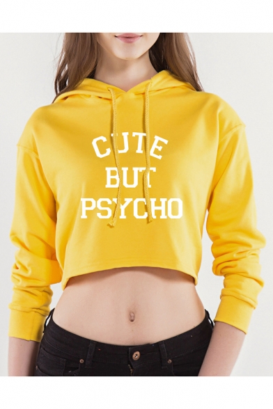 Sexy Long Sleeve Letter CUTE BUT PSYCHO Printed Drawstring Cropped 