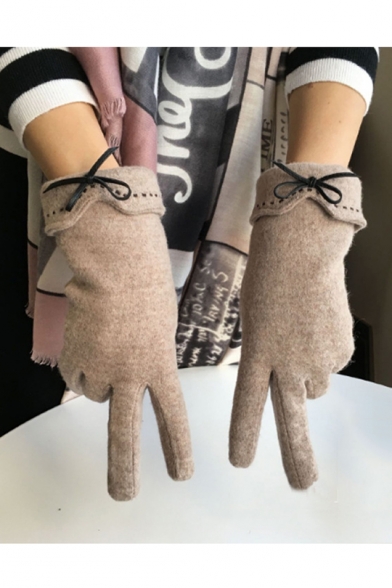Sweet Cute Bow Embellished Plain Warm Fleece Touch Screen Outdoor Gloves
