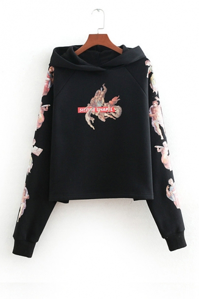 Unique Letter Character Pattern Long Sleeve Black Loose Casual Hoodie