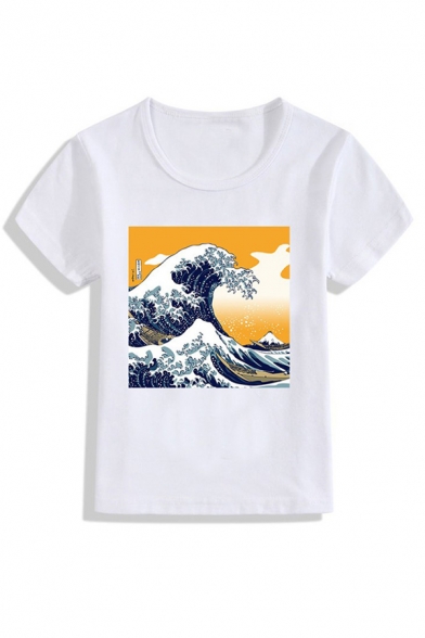 White Crewneck Short Sleeve Wave Fresco Pattern White Casual T-Shirt