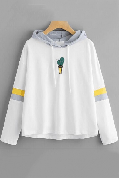 White Long Sleeve Colorblock Pattern Embroidered Leisure Loose Hoodie