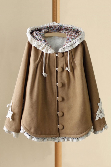 Winter's Long Sleeve Lace Patched Plain Single Breasted Woolen Cape Coat