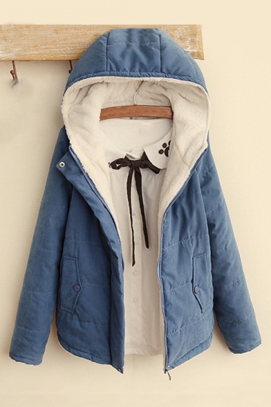 

Winter's New Arrival Long Sleeve Hooded Zip Up Basic Solid Cotton Coat, Blue;pink