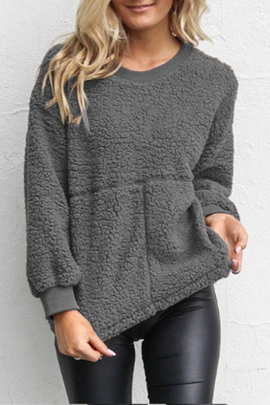 Women's Fashion Black Fleece Long Sleeve Round Neck Pullover Sweatshirt