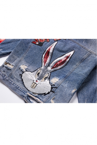Women's Fashion Letter Ribbon Patched Ripped Cartoon Rabbit Print Back Fringed Hem Blue Denim Jacket