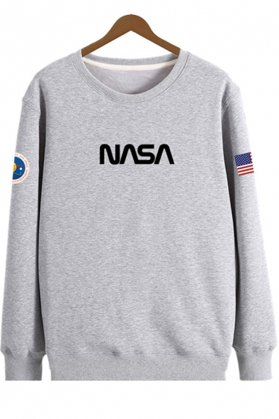 American Flag Letter NASA Printed Round Neck Long Sleeve Casual Sweatshirt