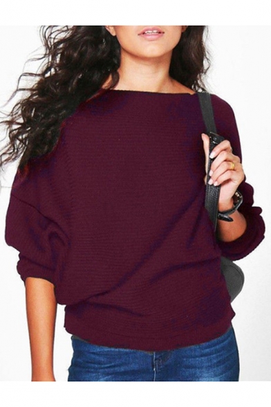Boatneck Batwing Long Sleeve Simple Solid Casual Loose Pullover Sweater