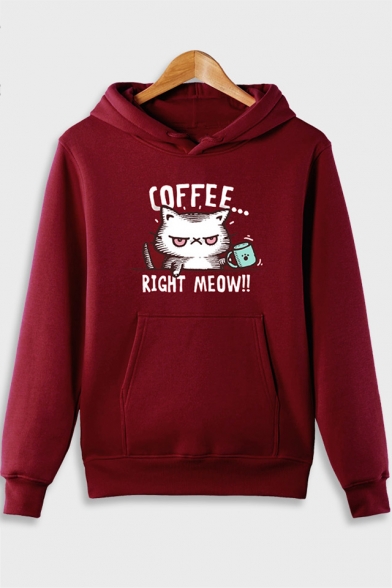 Cartoon Cat Letter COFFEE RIGHT MEOW Printed Long Sleeve Casual Hoodie