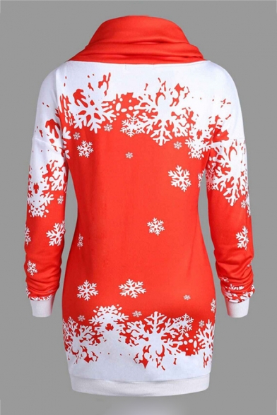 Charming Long Sleeve Colorblock Snowflake Printed Cowl Neck Tunics Sweatshirt